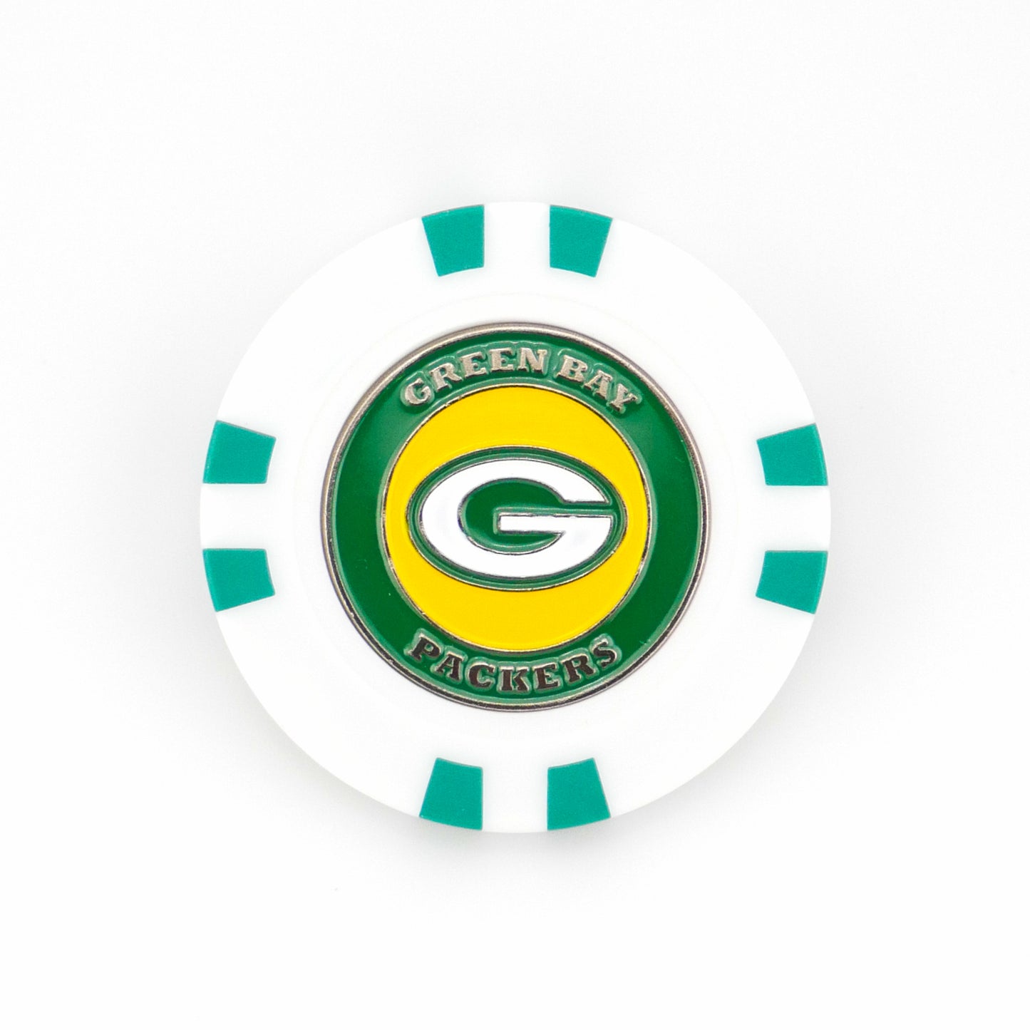 Show your Green Bay Packers pride on the green with this white poker chip ball marker by Ballmarkers from Logie Joe’s, featuring green accents and official team logo—a great addition to any NFL ball marker collection.