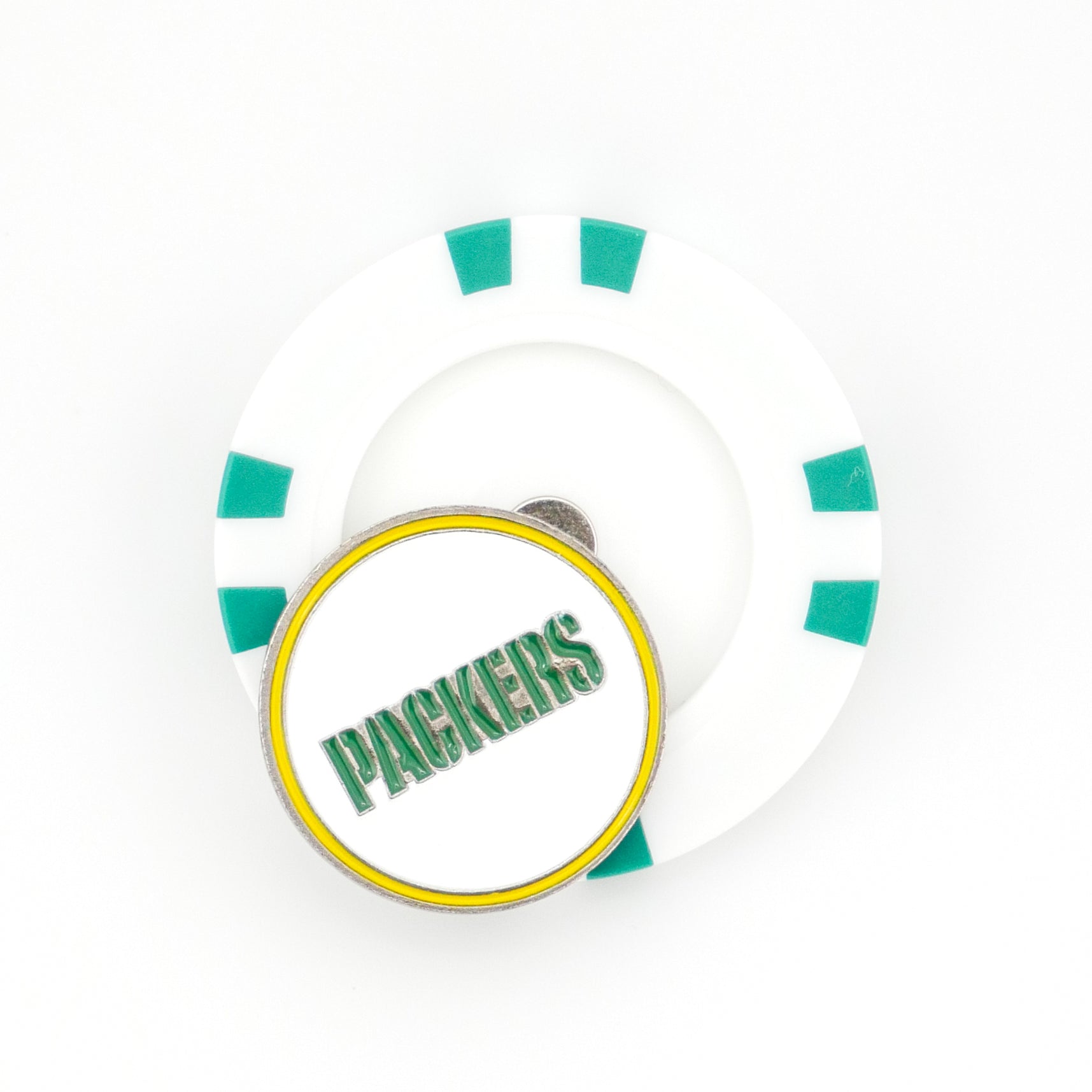 The Ballmarkers by Logie Joes Green Bay Packers marker is a white poker chip with green accents, topped with a round pin that reads PACKERS in green letters outlined in yellow.