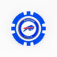 A blue and white Ballmarkers by Logie Joes ball marker featuring the Buffalo Bills logo, gold Buffalo Bills lettering, and a red, white, and blue buffalo emblem—ideal NFL accessory for any golf fan.