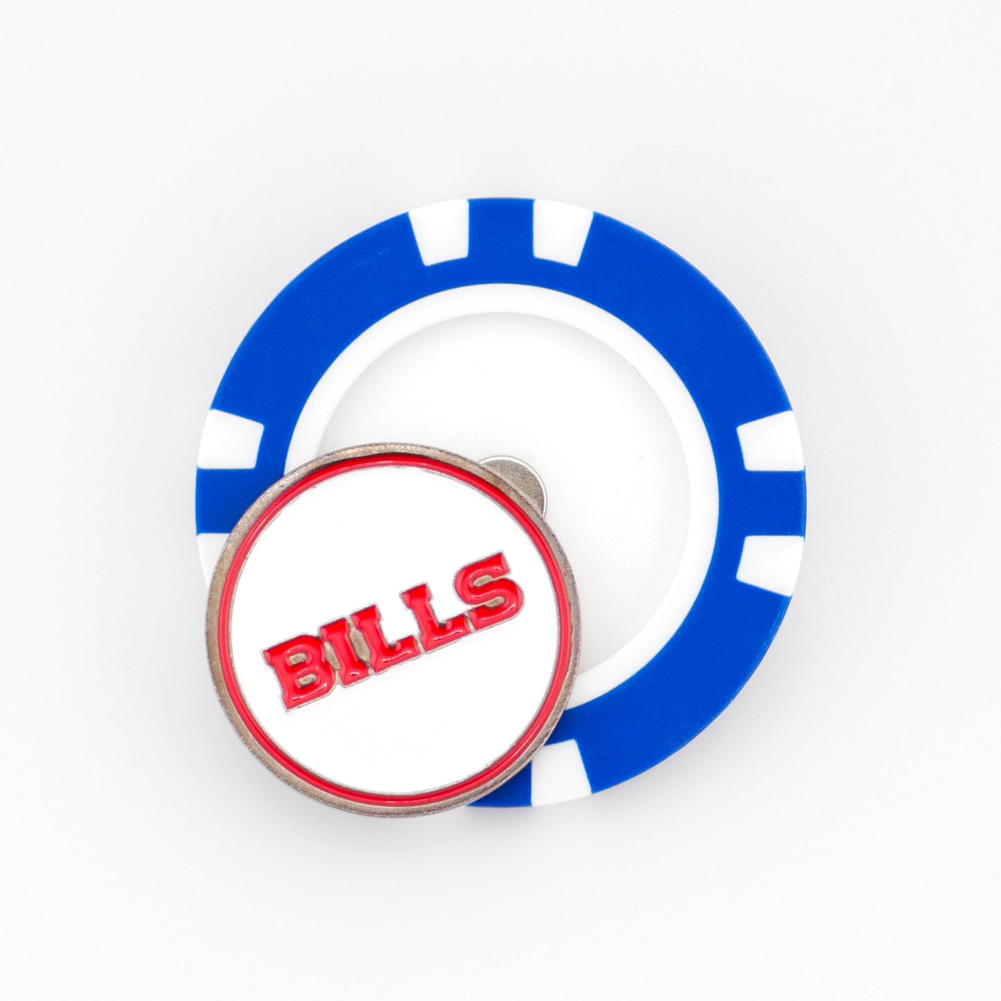 A blue and white Buffalo Bills poker chip ball marker by Ballmarkers from Logie Joe’s, featuring a round white top with BILLS in raised red letters.