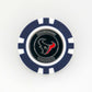 A blue and white poker chip-style marker by Ballmarkers from Logie Joes featuring the Houston Texans logo and team name on a black center, shown on a plain white background.