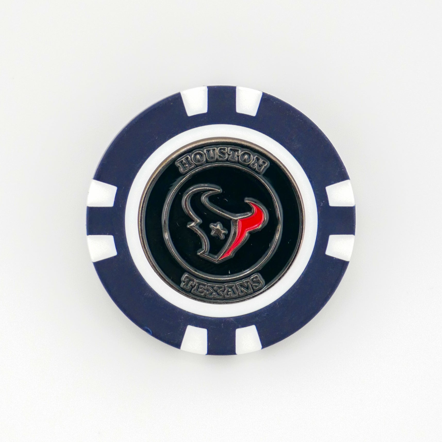 A blue and white poker chip-style marker by Ballmarkers from Logie Joes featuring the Houston Texans logo and team name on a black center, shown on a plain white background.
