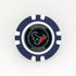 A blue and white poker chip-style marker by Ballmarkers from Logie Joes featuring the Houston Texans logo and team name on a black center, shown on a plain white background.
