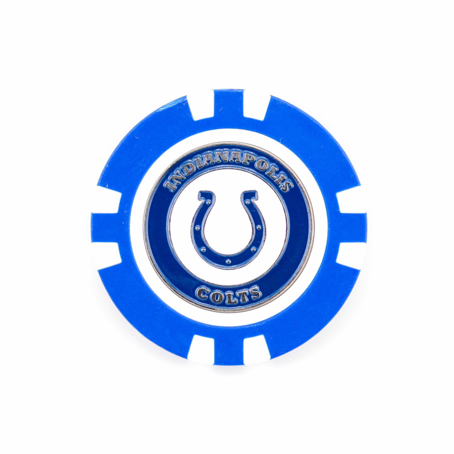 Show your team spirit on the green with this blue and white golf ball marker from Ballmarkers by Logie Joes, featuring the iconic Indianapolis Colts horseshoe logo and Indianapolis Colts lettering.
