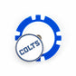 Show your team spirit on the golf course with this round blue and white Indianapolis Colts ball marker by Ballmarkers from Logie Joes, featuring a bold COLTS logo on a circular pin—ideal for any NFL fan.