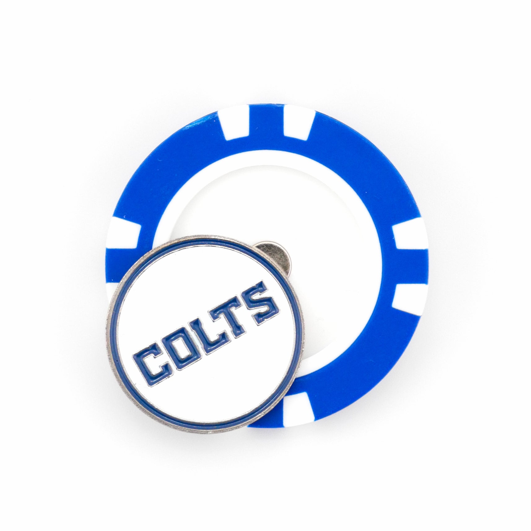 Show your team spirit on the golf course with this round blue and white Indianapolis Colts ball marker by Ballmarkers from Logie Joes, featuring a bold COLTS logo on a circular pin—ideal for any NFL fan.