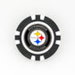 A black and white ball marker by Ballmarkers from Logie Joes, featuring the Pittsburgh Steelers name and logo in silver on a white background. Ideal NFL golf accessory for Steelers fans and enthusiasts.