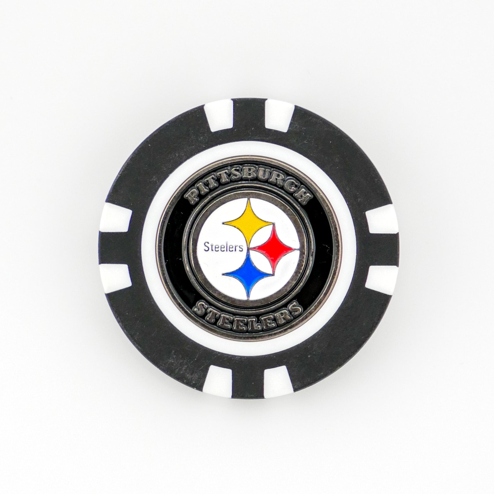 A black and white ball marker by Ballmarkers from Logie Joes, featuring the Pittsburgh Steelers name and logo in silver on a white background. Ideal NFL golf accessory for Steelers fans and enthusiasts.