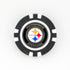 A black and white ball marker by Ballmarkers from Logie Joes, featuring the Pittsburgh Steelers name and logo in silver on a white background. Ideal NFL golf accessory for Steelers fans and enthusiasts.