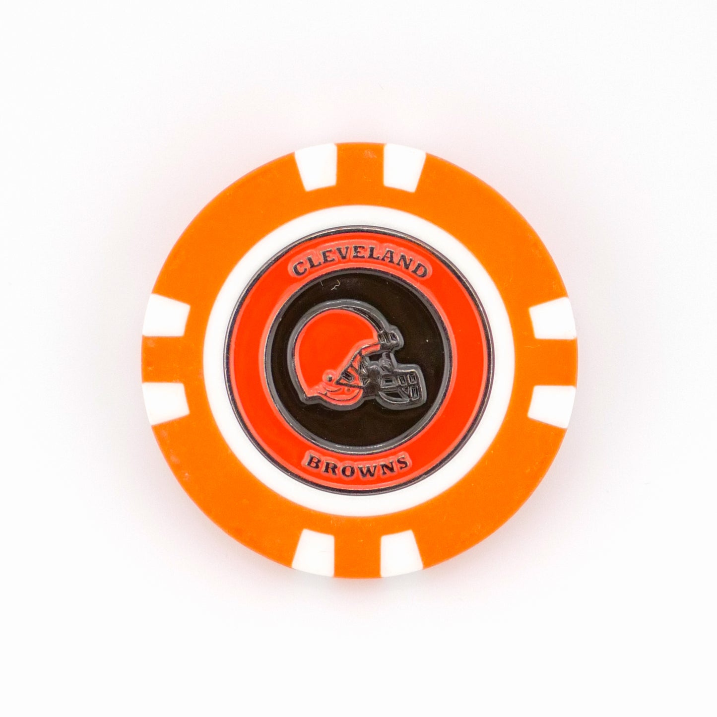 A round orange poker chip ball marker by Ballmarkers from Logie Joes featuring the Cleveland Browns helmet logo and CLEVELAND BROWNS text—perfect for football fans as a golf or poker chip ball marker.