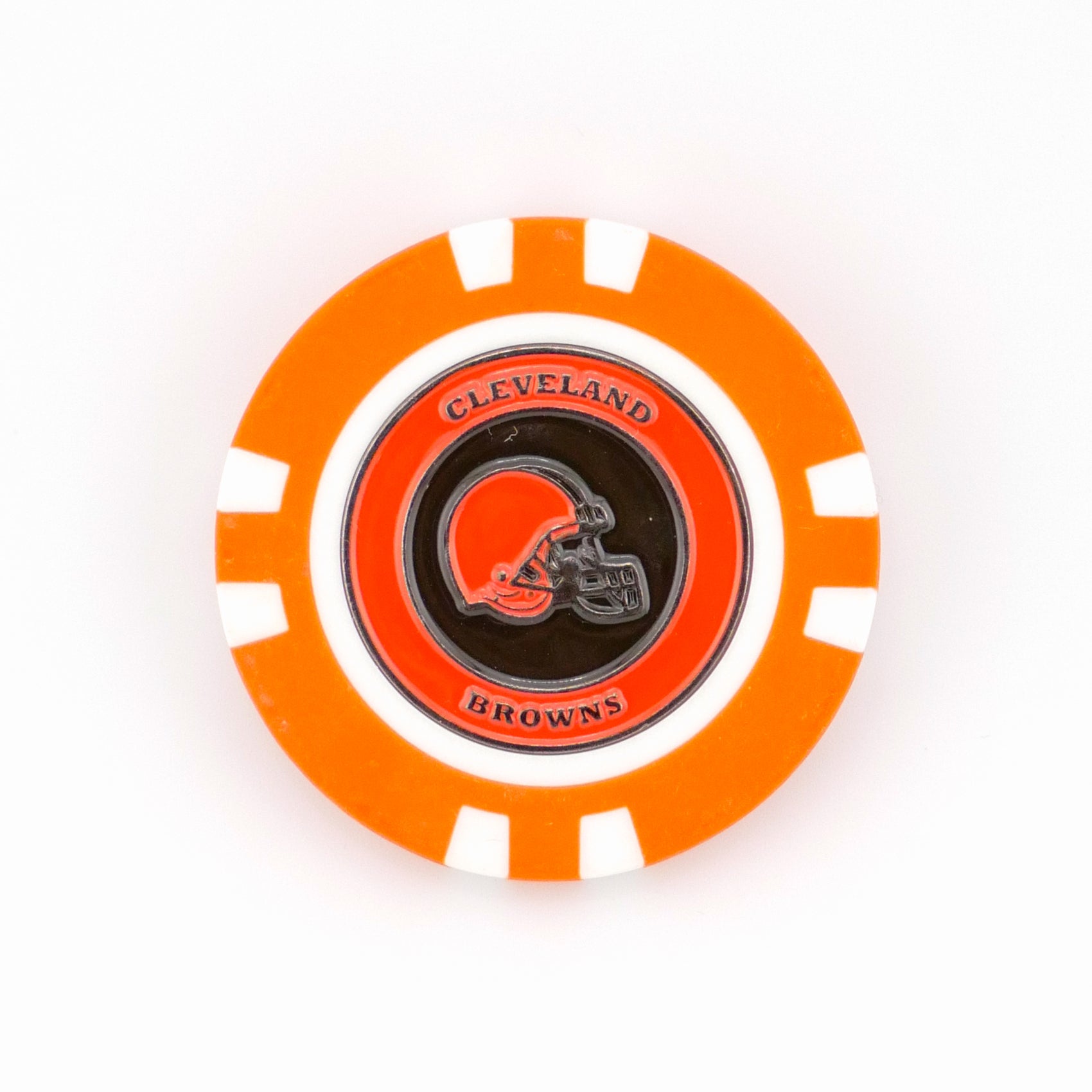 A round orange poker chip ball marker by Ballmarkers from Logie Joes featuring the Cleveland Browns helmet logo and CLEVELAND BROWNS text—perfect for football fans as a golf or poker chip ball marker.