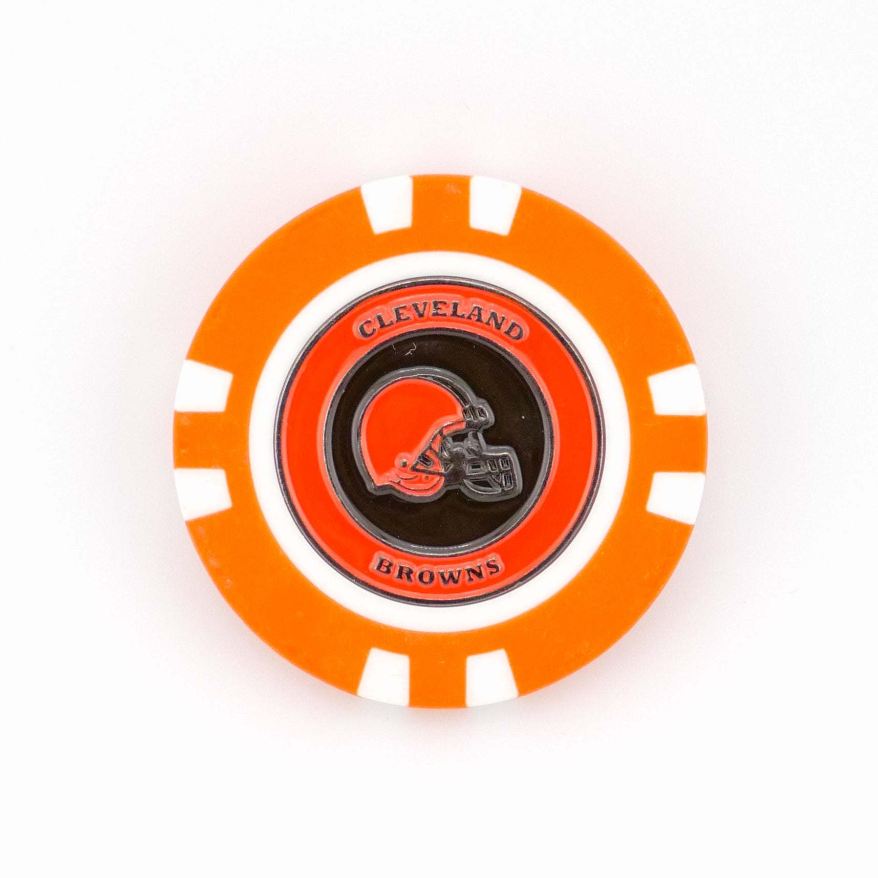 A round orange poker chip ball marker by Ballmarkers from Logie Joes featuring the Cleveland Browns helmet logo and CLEVELAND BROWNS text—perfect for football fans as a golf or poker chip ball marker.