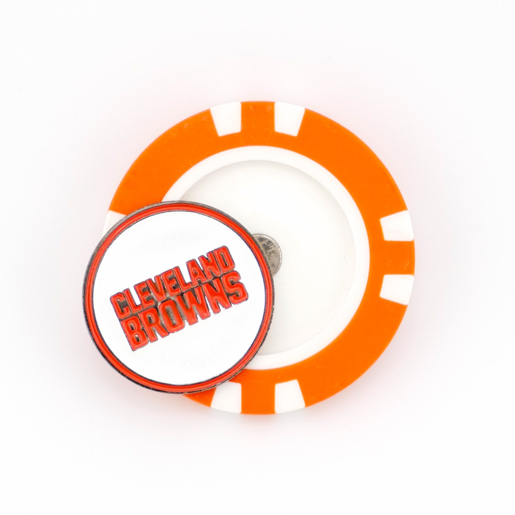 A Cleveland Browns poker chip golf ball marker by Ballmarkers from Logie Joes, featuring an orange and white design with a round team logo magnet, shown on a white background.