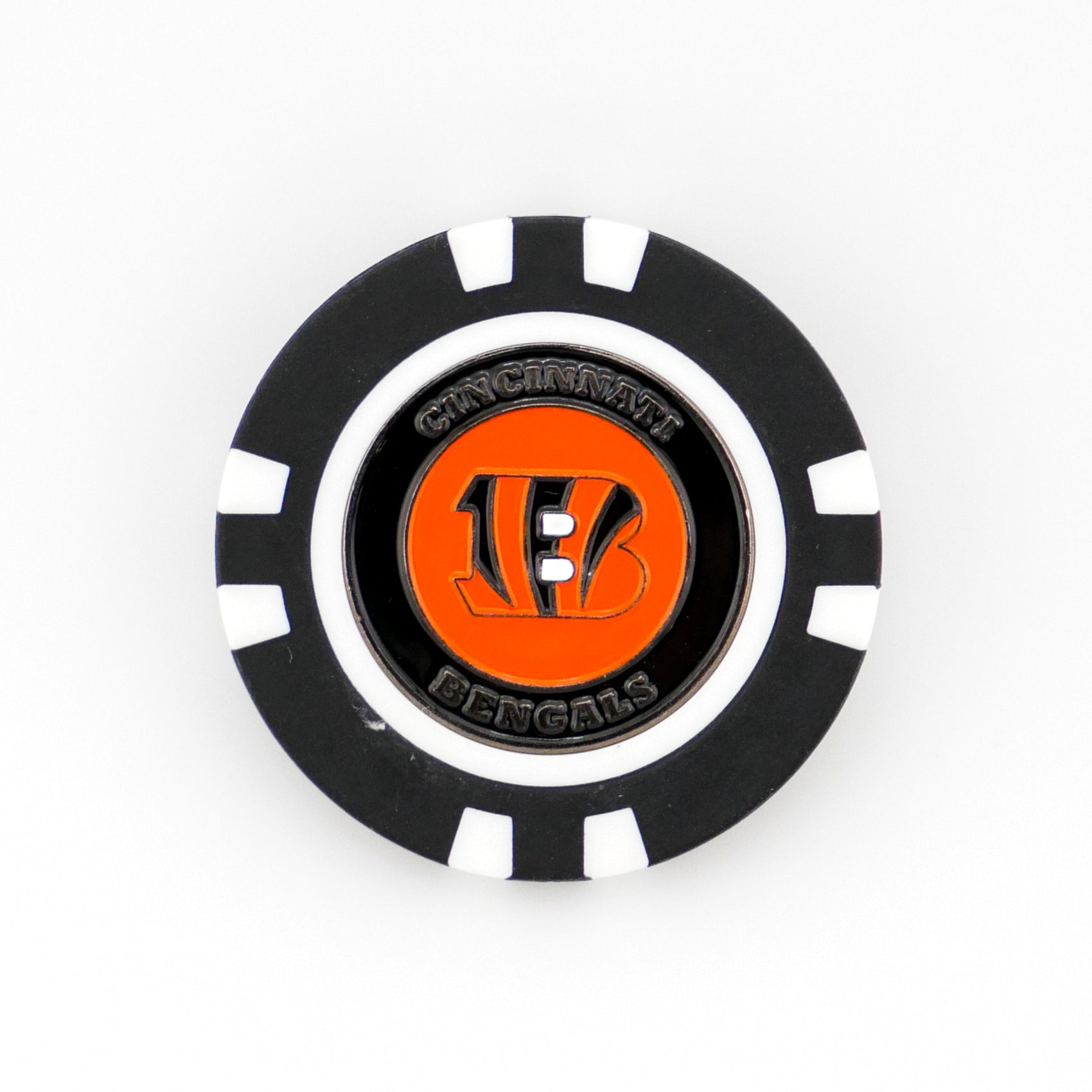 A black and white poker chip ball marker from Ballmarkers by Logie Joes, featuring the Cincinnati Bengals logo and name in orange and black—perfect for any NFL collection.