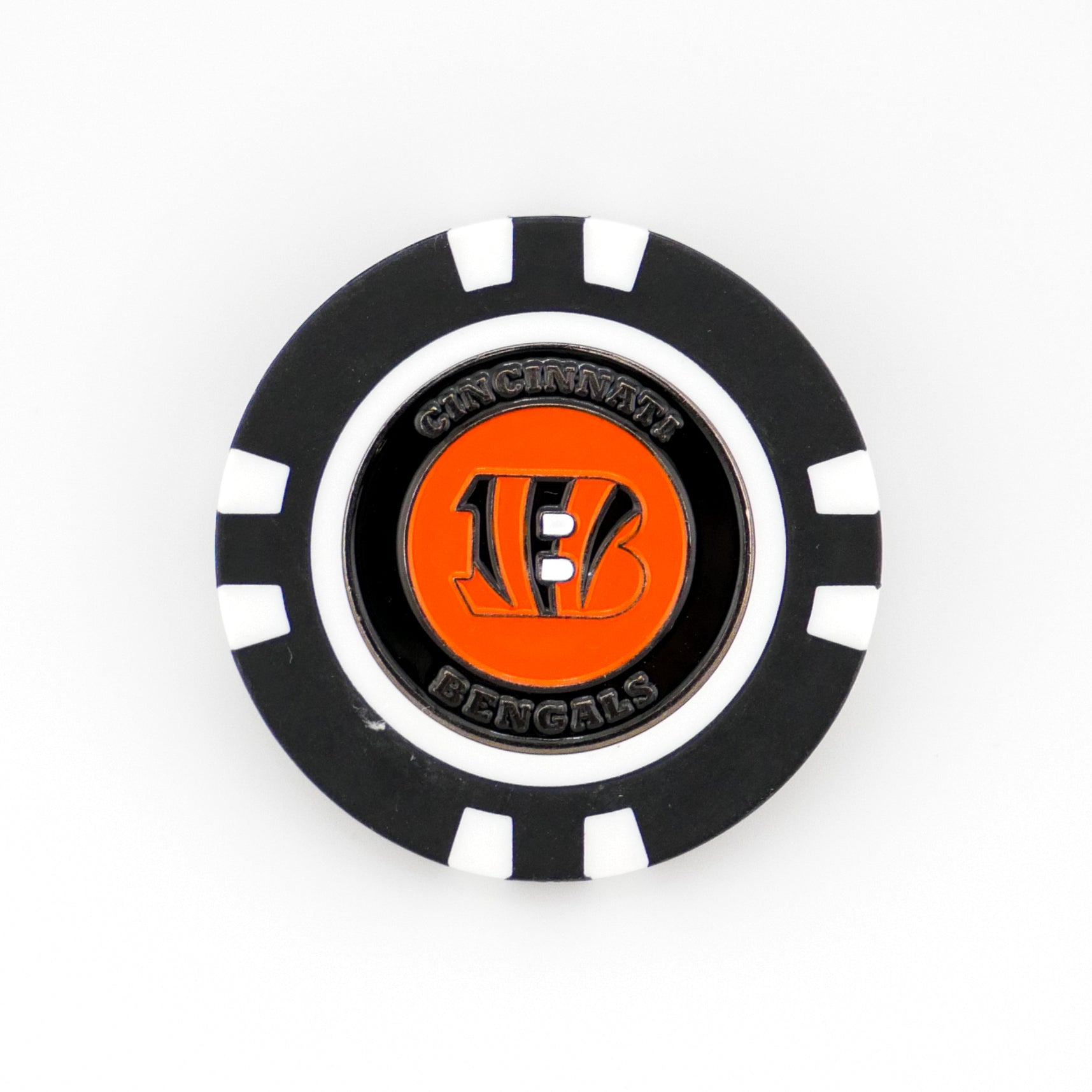 A black and white poker chip ball marker from Ballmarkers by Logie Joes, featuring the Cincinnati Bengals logo and name in orange and black—perfect for any NFL collection.