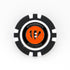 A black and white poker chip ball marker from Ballmarkers by Logie Joes, featuring the Cincinnati Bengals logo and name in orange and black—perfect for any NFL collection.
