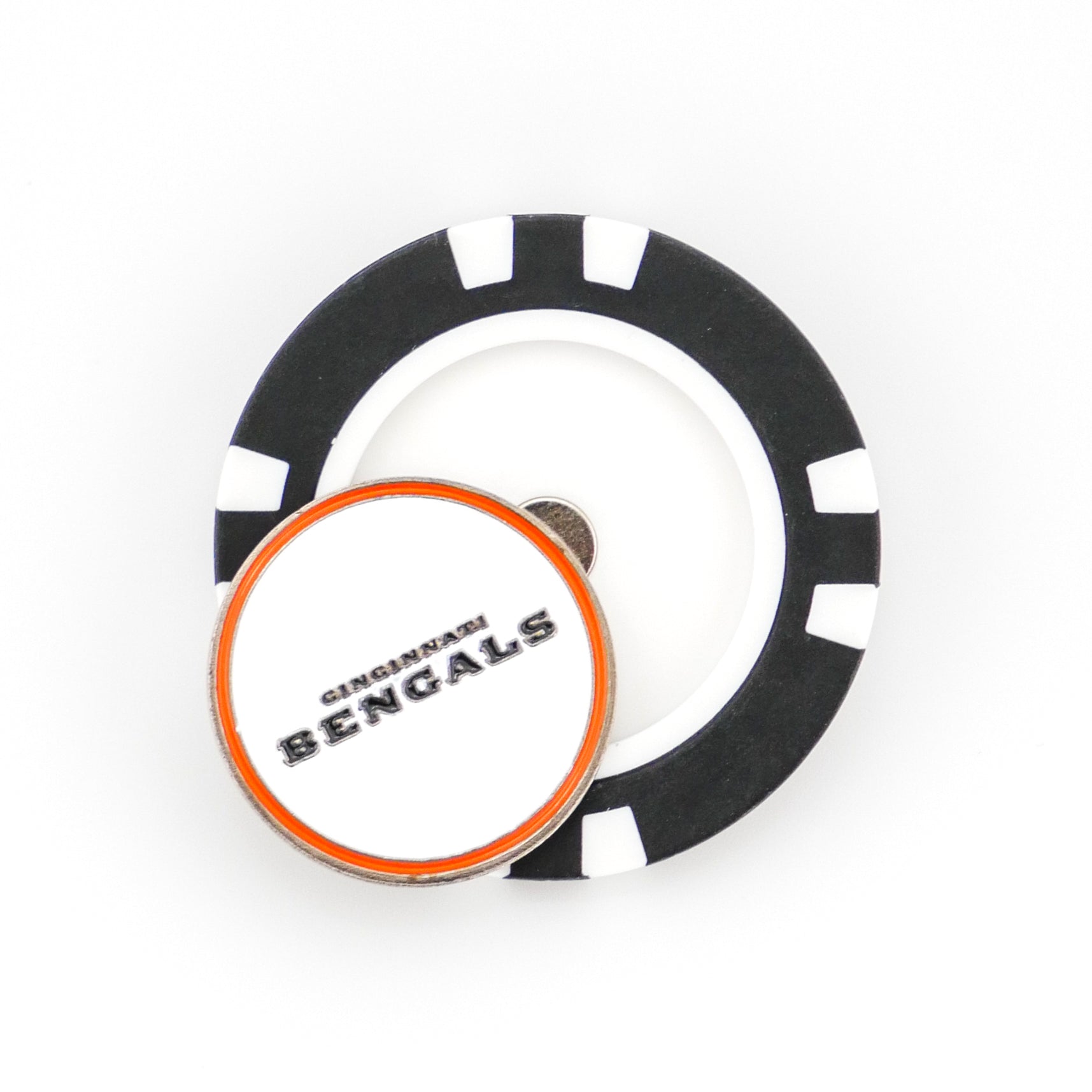The Ballmarkers by Logie Joes Cincinnati Bengals marker features a black and white poker chip design with a round token on top that says CINCINNATI BENGALS in black text outlined in orange.