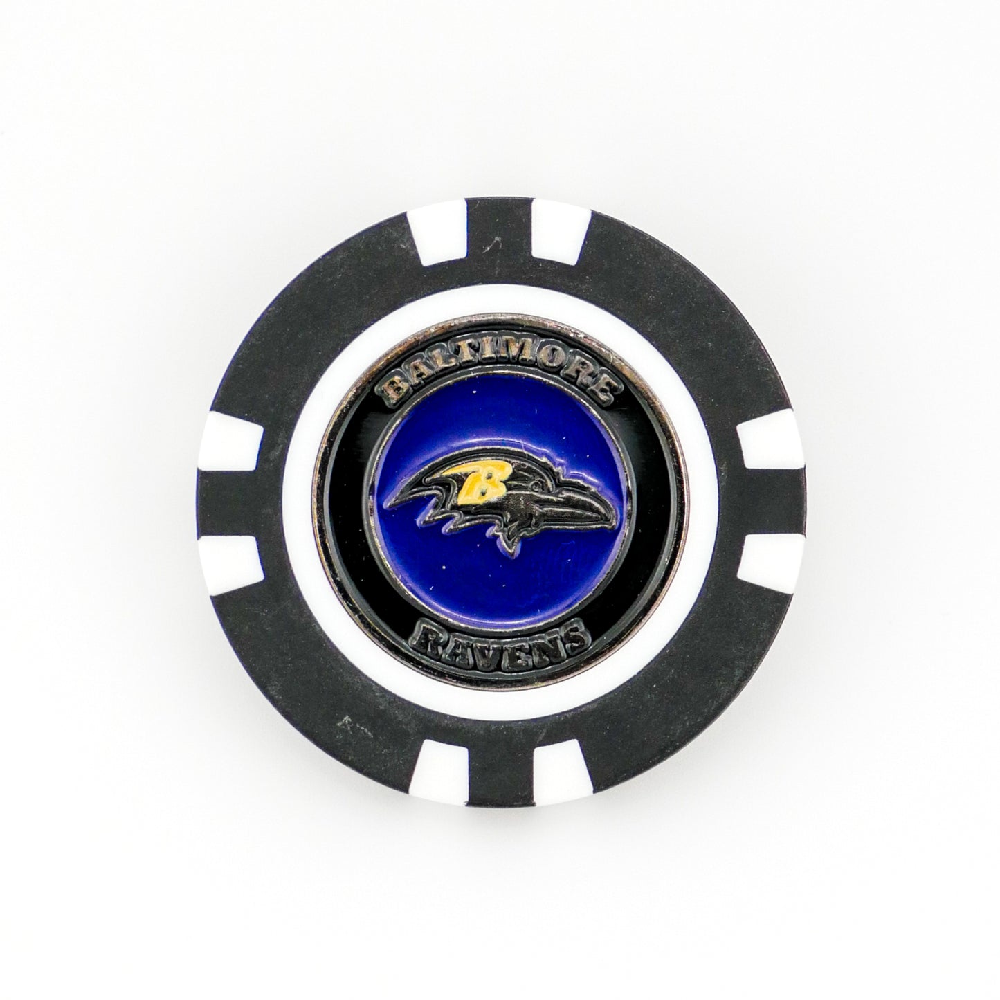 Show your team pride on the golf course with Ballmarkers by Logie Joes Baltimore Ravens poker chip ball marker, featuring the team logo and name in gold and white on a striking blue background. Perfect for any Ravens fan.