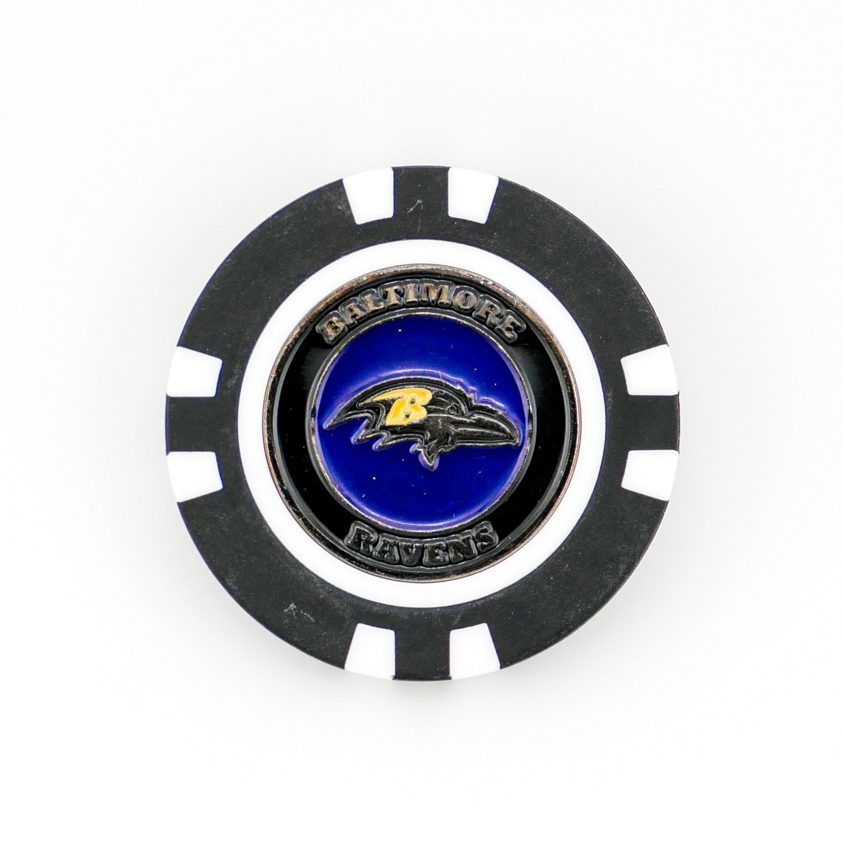 Show your team pride on the golf course with Ballmarkers by Logie Joes Baltimore Ravens poker chip ball marker, featuring the team logo and name in gold and white on a striking blue background. Perfect for any Ravens fan.
