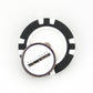 A black and white poker chip ball marker topped with a round Baltimore Ravens marker by Ballmarkers from Logie Joes, displayed on a white background.