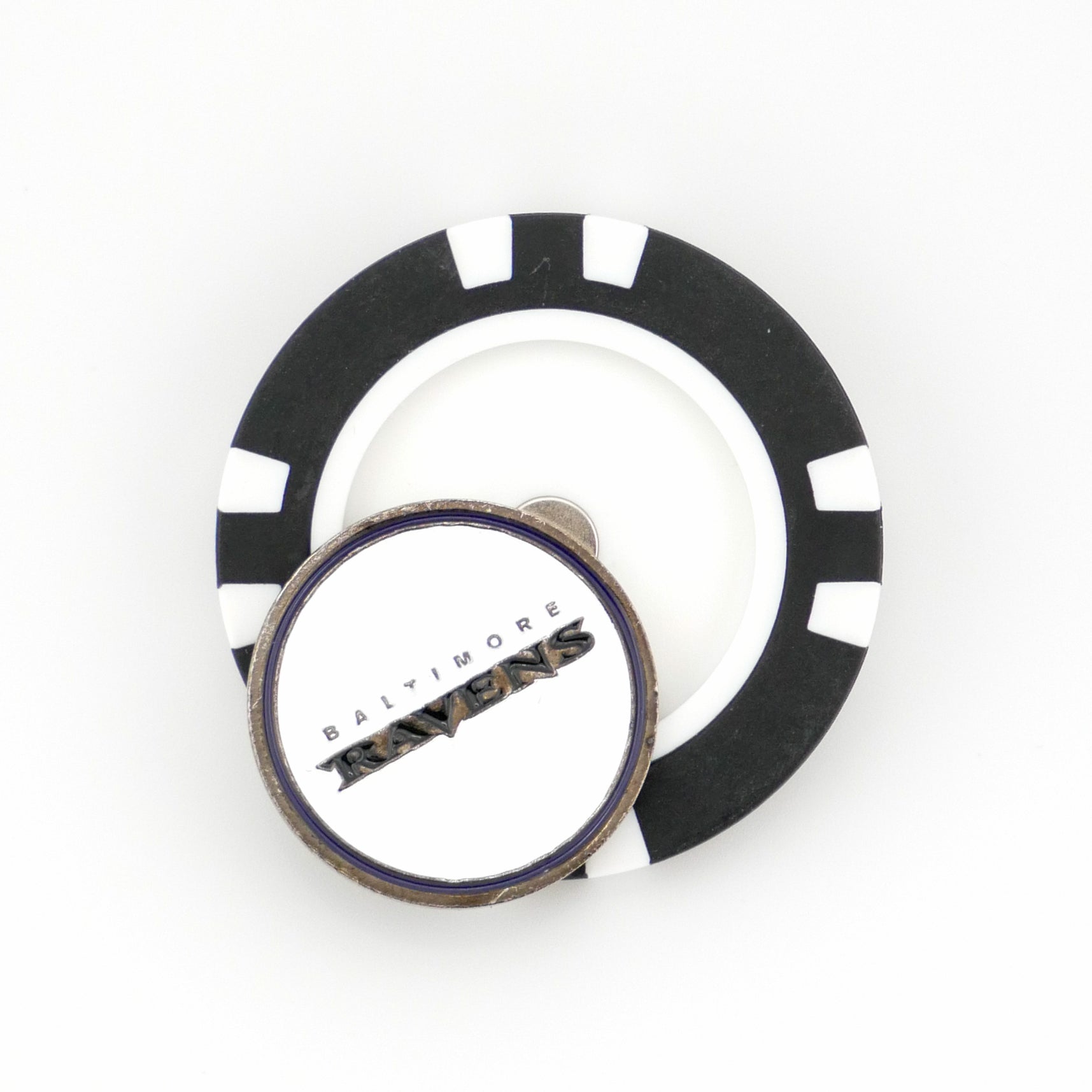 A black and white poker chip ball marker topped with a round Baltimore Ravens marker by Ballmarkers from Logie Joes, displayed on a white background.