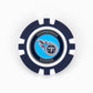 A blue and white golf ball marker from Ballmarkers by Logie Joes features the Tennessee Titans logo in the center with Tennessee Titans written around it on a metallic background.