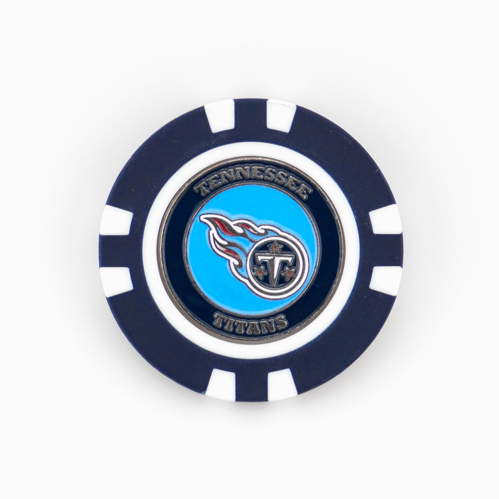 A blue and white golf ball marker from Ballmarkers by Logie Joes features the Tennessee Titans logo in the center with Tennessee Titans written around it on a metallic background.