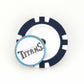 A blue and white round pin poker chip ball marker featuring the Tennessee Titans logo and text from Ballmarkers by Logie Joes is shown on a plain white background.
