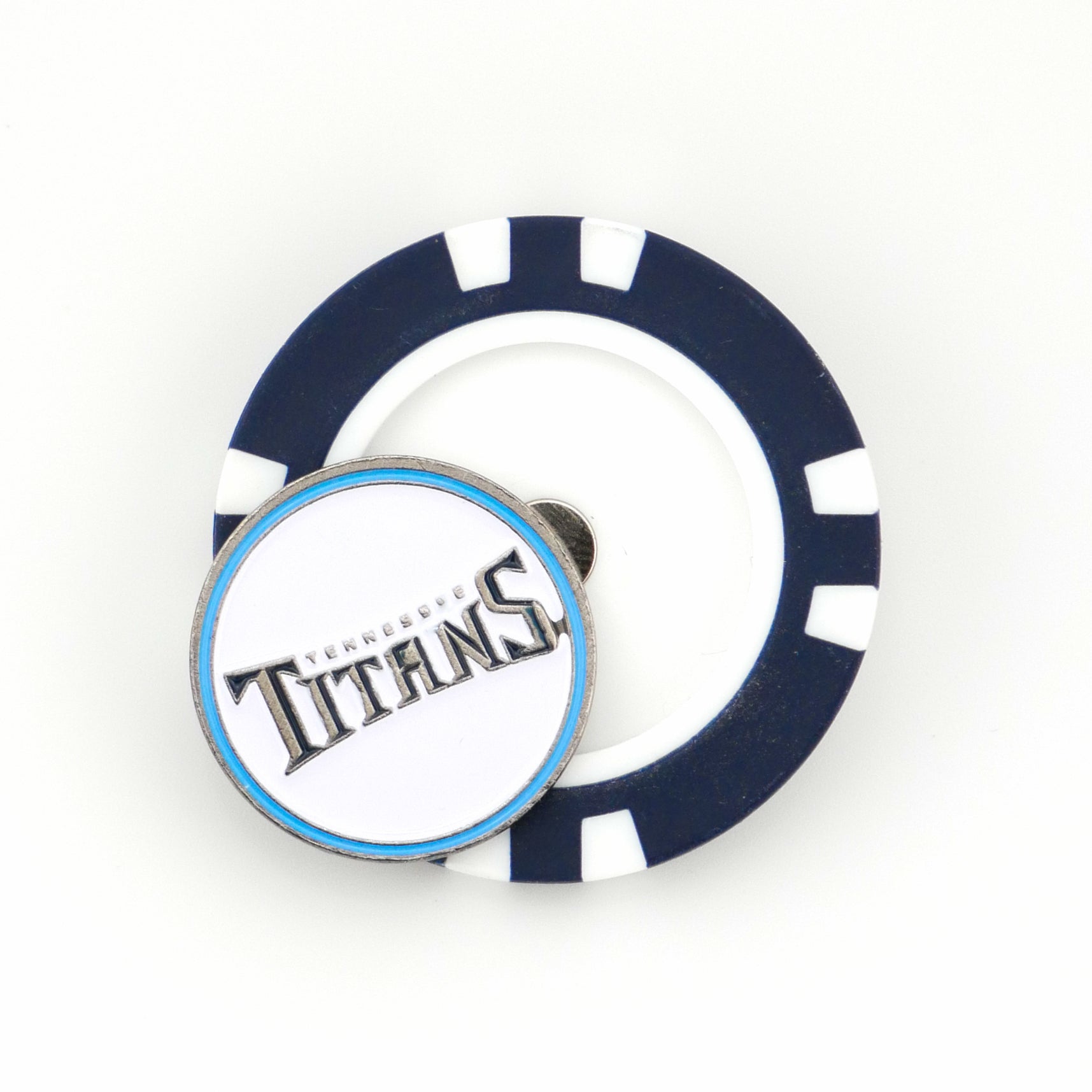 A blue and white round pin poker chip ball marker featuring the Tennessee Titans logo and text from Ballmarkers by Logie Joes is shown on a plain white background.