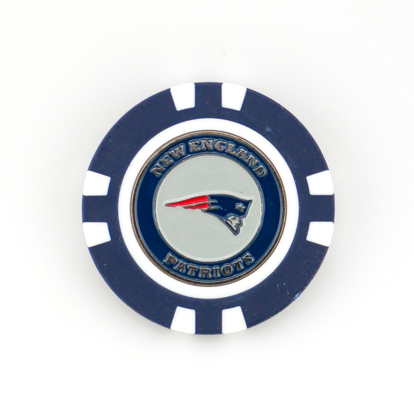 Add NFL flair to your golf gear with this blue and white poker chip-style ball marker by Ballmarkers by Logie Joes, featuring the New England Patriots logo and team name in gold lettering—perfect for dedicated fans.