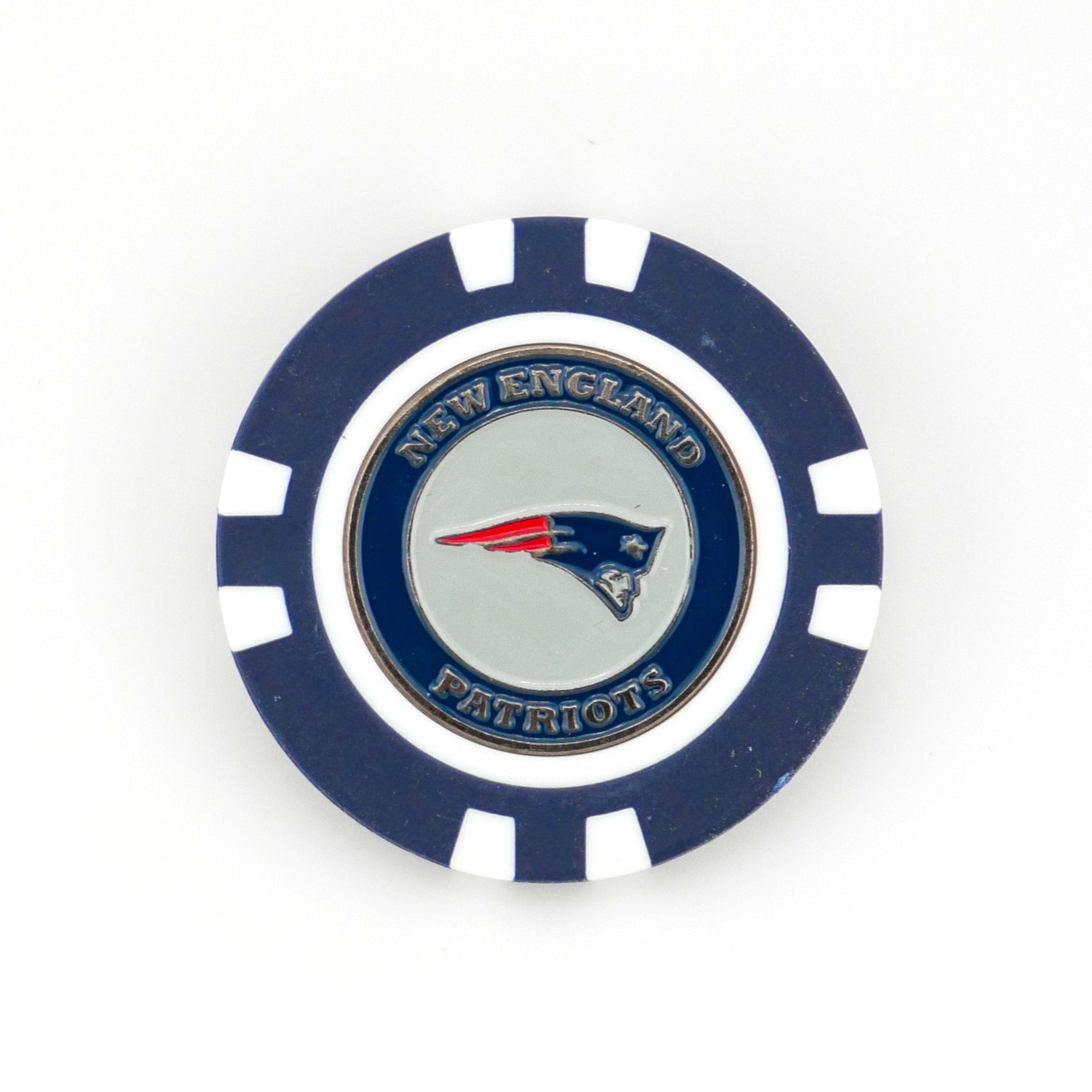 Add NFL flair to your golf gear with this blue and white poker chip-style ball marker by Ballmarkers by Logie Joes, featuring the New England Patriots logo and team name in gold lettering—perfect for dedicated fans.