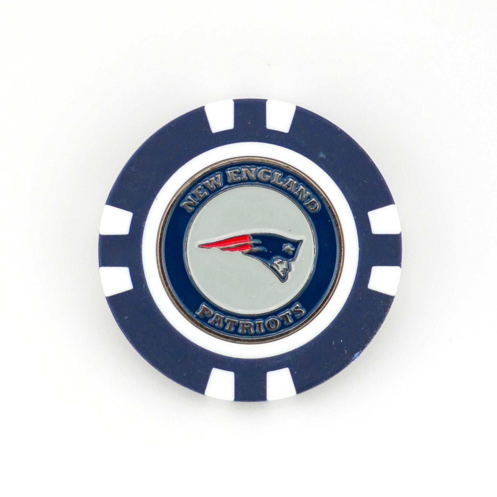 Add NFL flair to your golf gear with this blue and white poker chip-style ball marker by Ballmarkers by Logie Joes, featuring the New England Patriots logo and team name in gold lettering—perfect for dedicated fans.