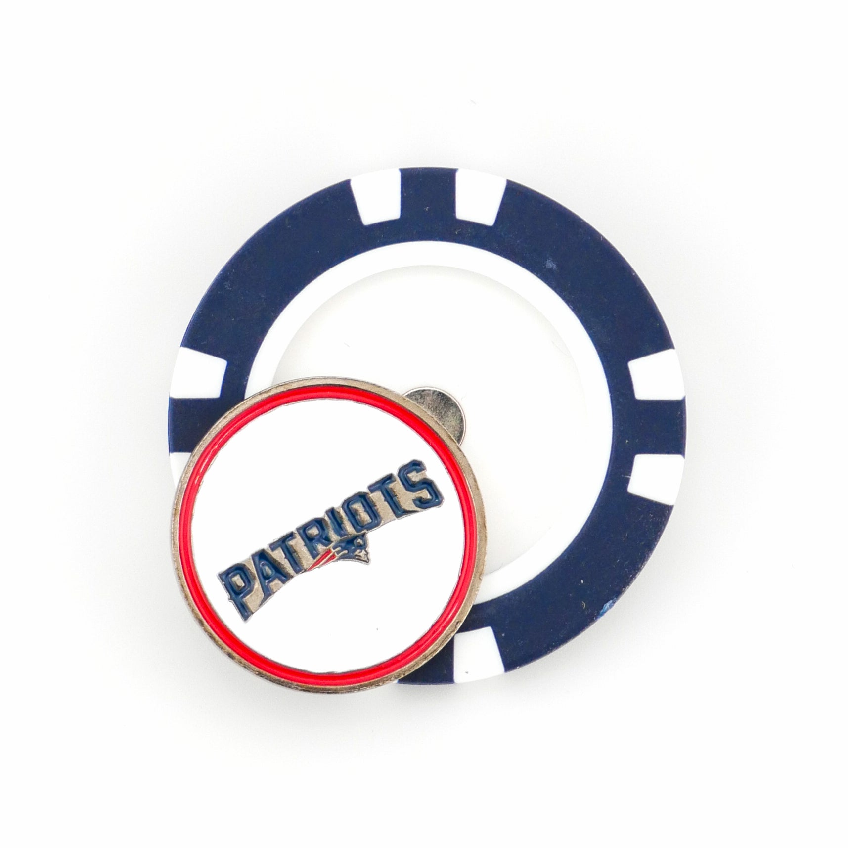 The New England Patriots poker chip-style marker by Ballmarkers from Logie Joes features a blue and white design with a circular team badge—an ideal golf accessory for any Patriots fan.