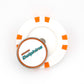 A white poker chip ball marker with orange accents from Ballmarkers by Logie Joes, featuring a round center coin that reads Miami Dolphins, is displayed on a white background.