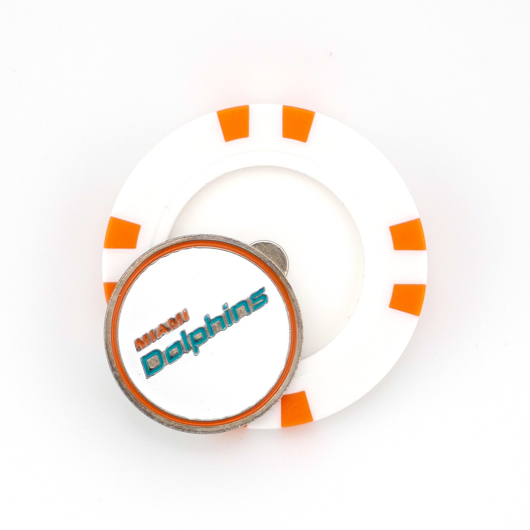 A white poker chip ball marker with orange accents from Ballmarkers by Logie Joes, featuring a round center coin that reads Miami Dolphins, is displayed on a white background.
