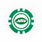 A green and white Ballmarkers by Logie Joes poker chip ball marker with the New York Jets logo in the center, perfect for NFL fans’ golf games, shown on a white background.