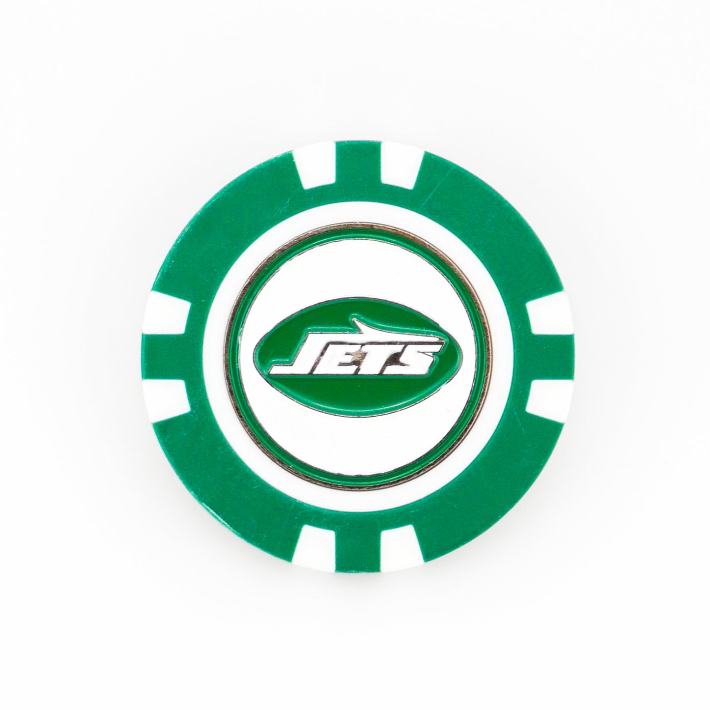 A green and white Ballmarkers by Logie Joes poker chip ball marker with the New York Jets logo in the center, perfect for NFL fans’ golf games, shown on a white background.