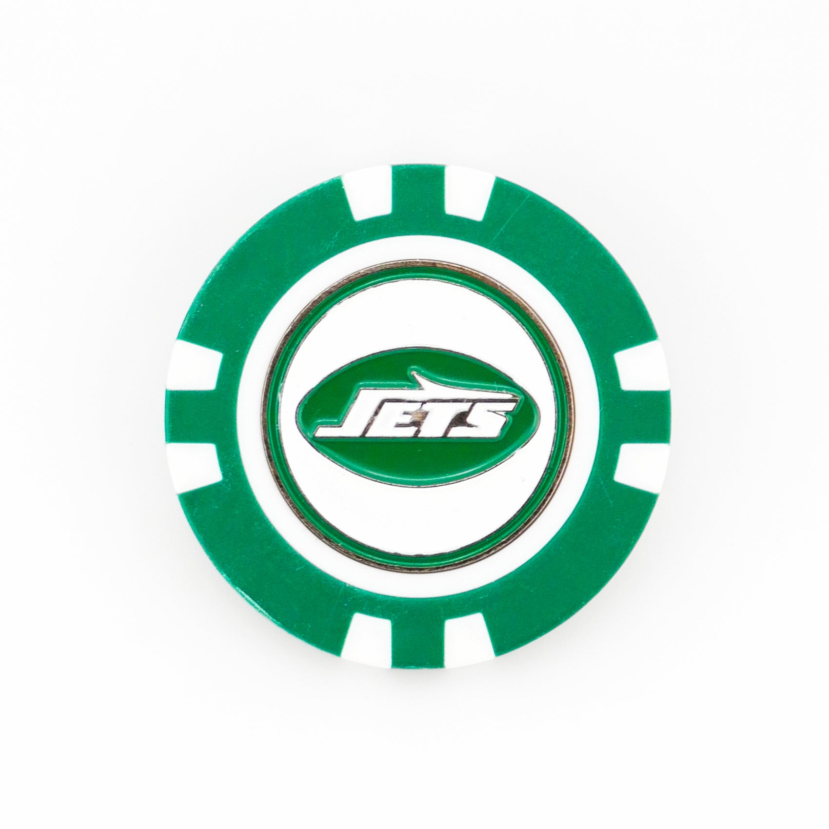 A green and white Ballmarkers by Logie Joes poker chip ball marker with the New York Jets logo in the center, perfect for NFL fans’ golf games, shown on a white background.