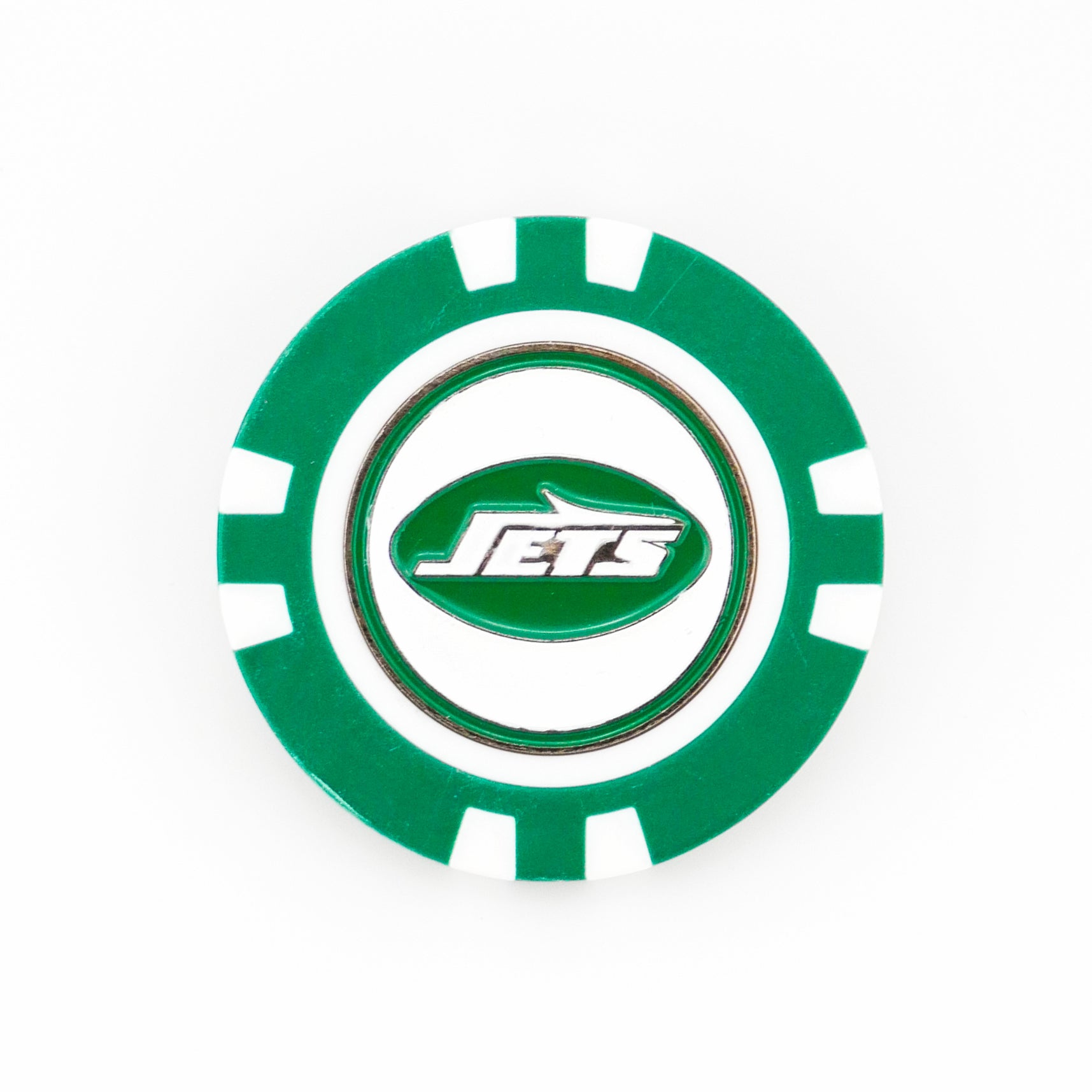 A green and white Ballmarkers by Logie Joes poker chip ball marker with the New York Jets logo in the center, perfect for NFL fans’ golf games, shown on a white background.