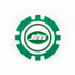 A green and white Ballmarkers by Logie Joes poker chip ball marker with the New York Jets logo in the center, perfect for NFL fans’ golf games, shown on a white background.
