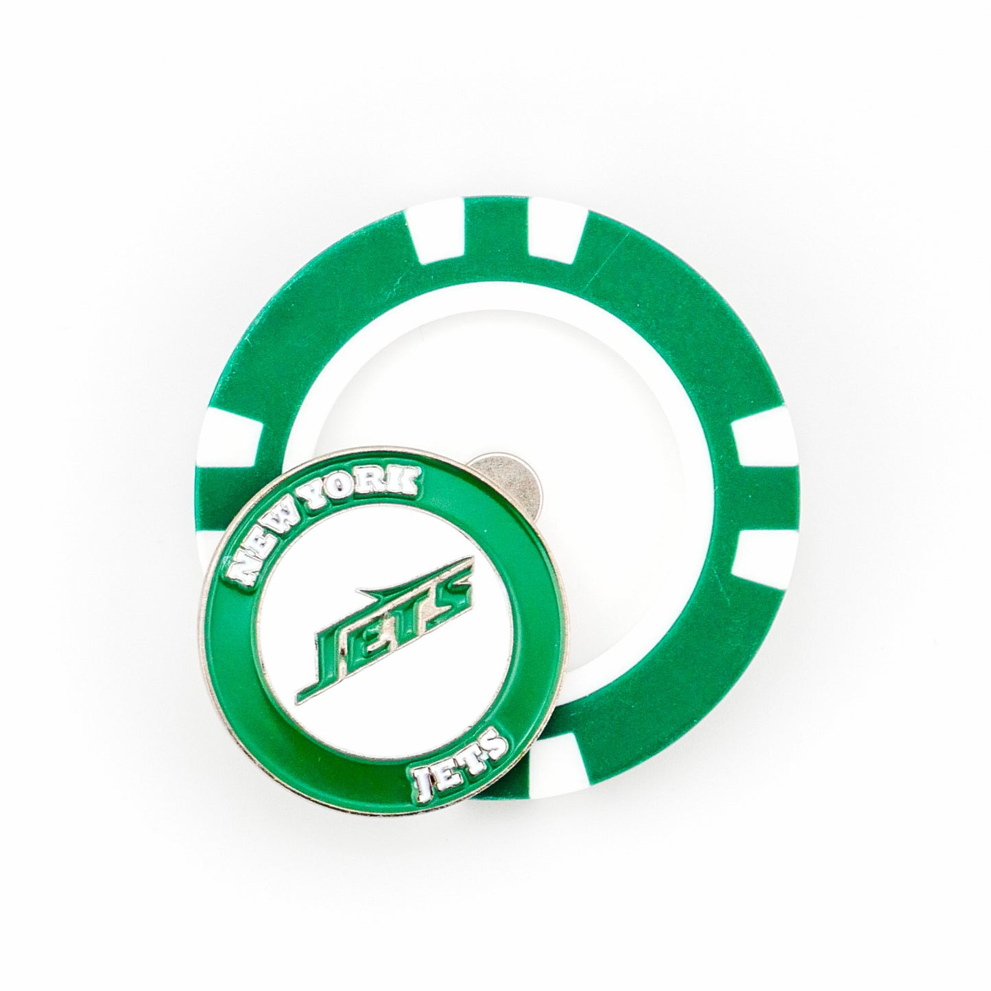 A green and white poker chip ball marker with a circular New York Jets coin on top, both featuring the team name and colors. Brand: Ballmarkers by Logie Joes.