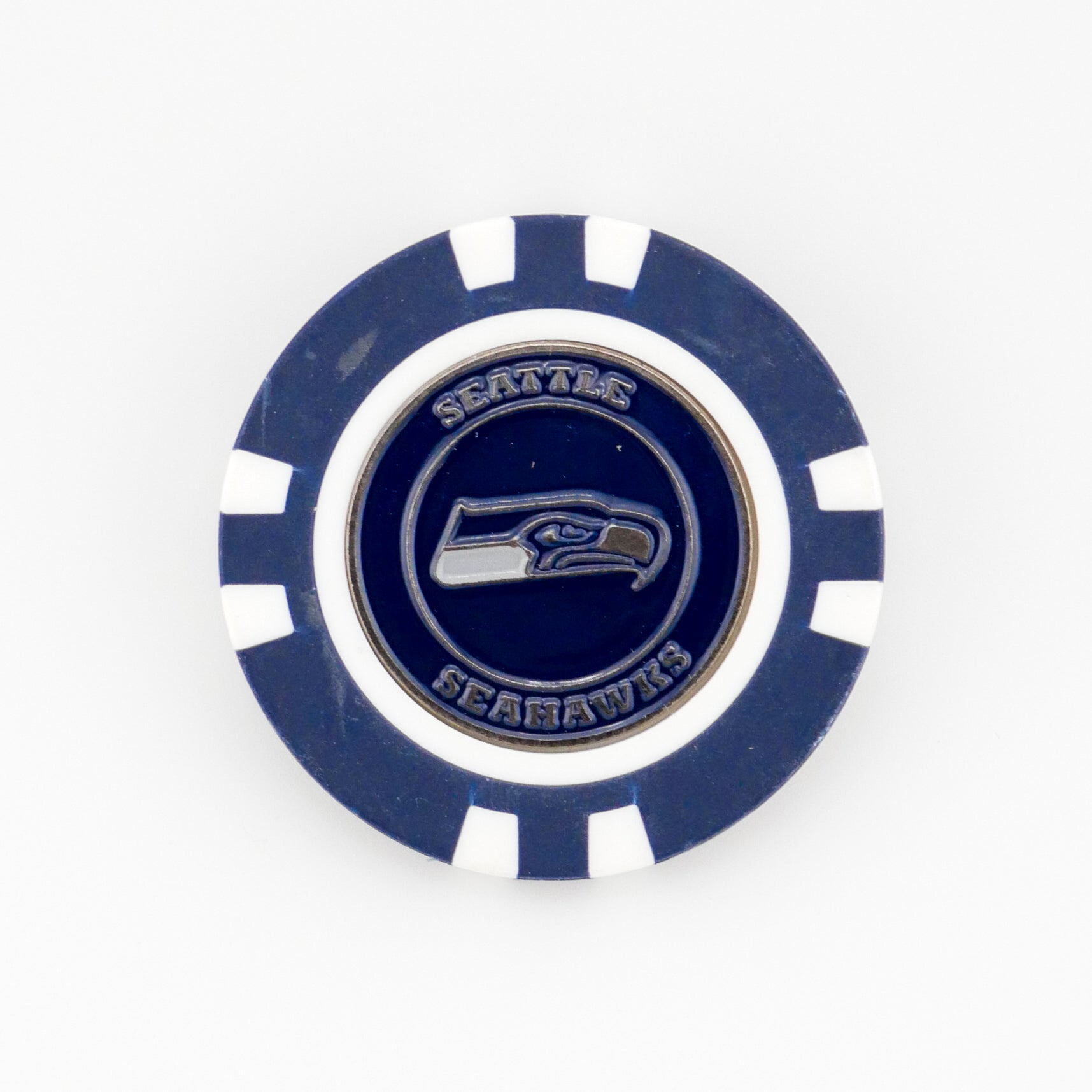 A blue and white Seattle Seahawks poker chip ball marker by Ballmarkers from Logie Joe’s, featuring the team logo and Seattle Seahawks in silver lettering around the center.