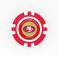 This Ballmarkers by Logie Joes San Francisco 49ers poker chip features the team logo and name on a red and white design—ideal as a golf ball marker for devoted fans seeking premium accessories.
