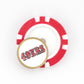 A round red and white Ballmarkers by Logie Joe’s golf poker chip marker featuring San Francisco 49ers—a great accessory for dedicated fans.