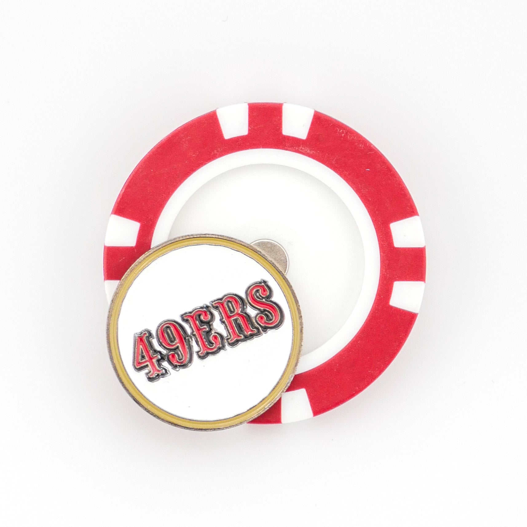 A round red and white Ballmarkers by Logie Joe’s golf poker chip marker featuring San Francisco 49ers—a great accessory for dedicated fans.