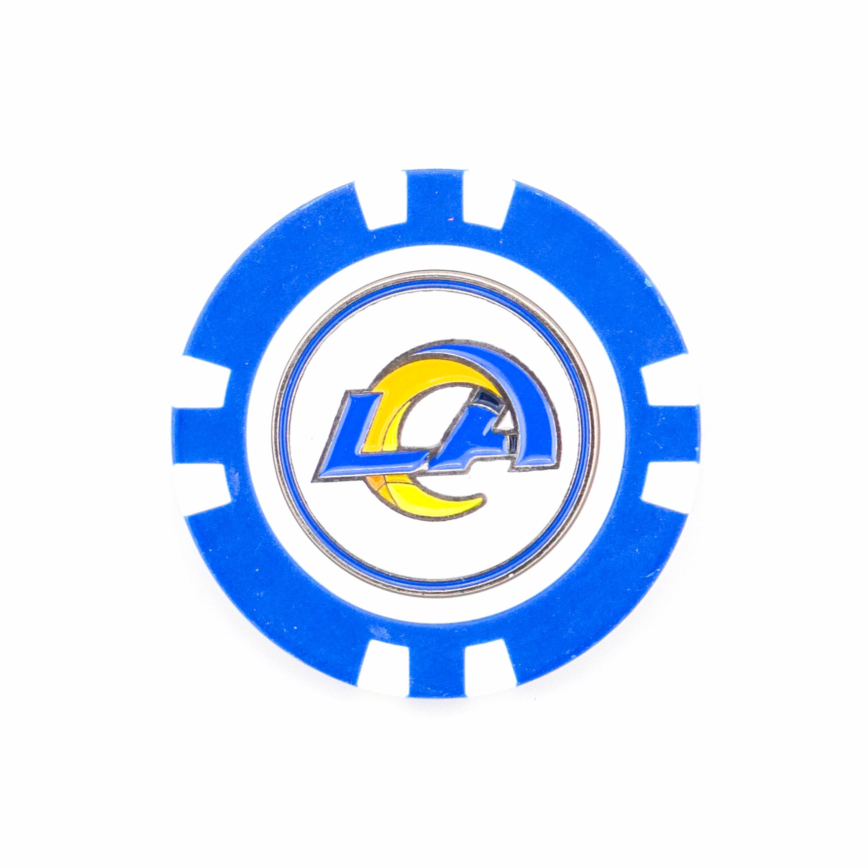 This Los Angeles Rams ball marker by Ballmarkers from Logie Joe’s features a blue and white design with the LA logo and a yellow horn curling around the A.