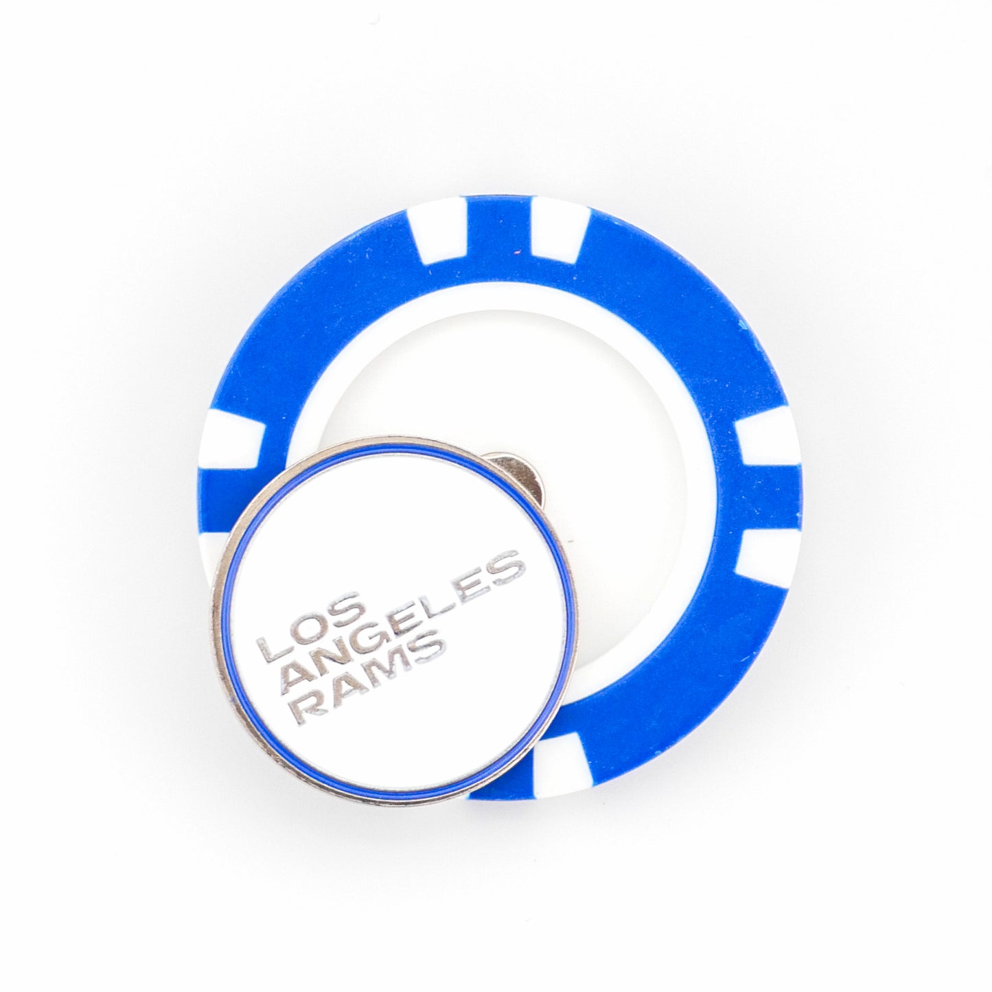 A blue and white Los Angeles Rams ball marker by Ballmarkers from Logie Joes, featuring a circular pin with LOS ANGELES RAMS in silver letters.