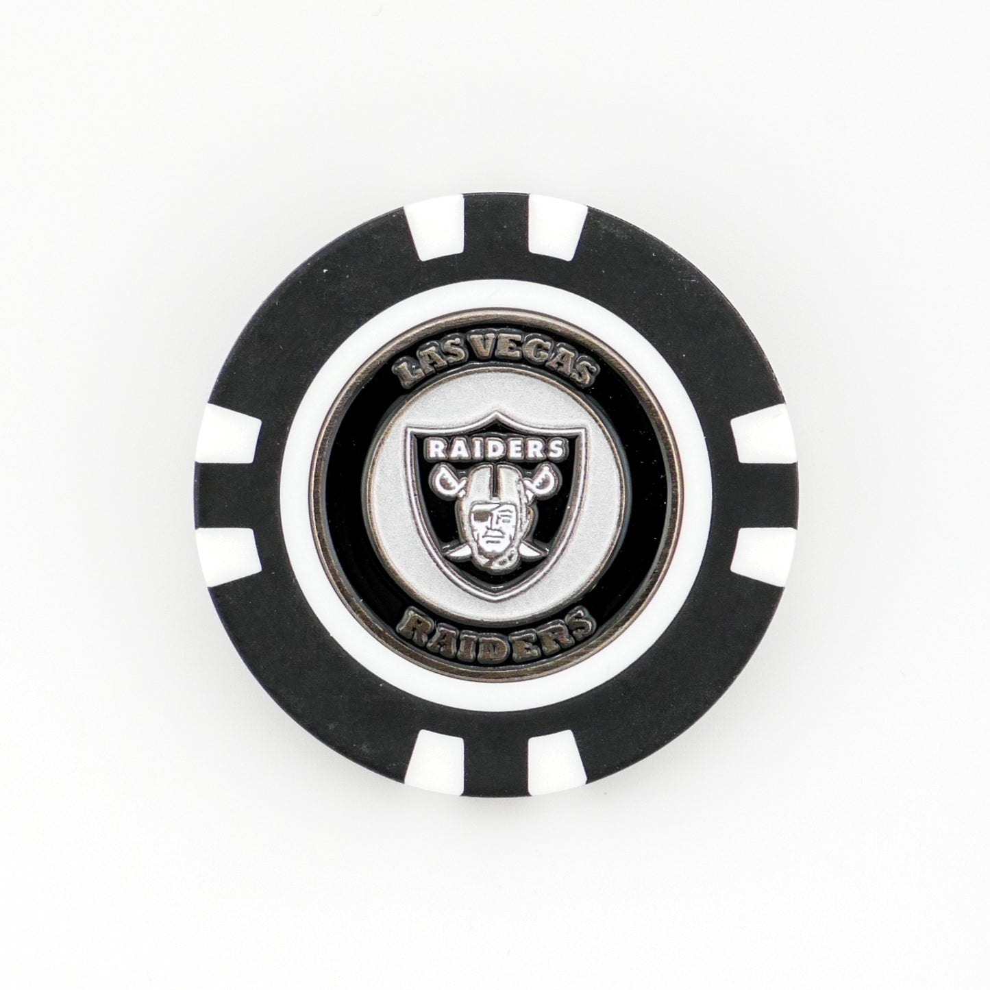 Show your NFL pride on the course with this black and white Las Vegas Raiders ball marker by Logie Joe’s, featuring the team’s shield emblem and logo—a perfect accessory for any fan.
