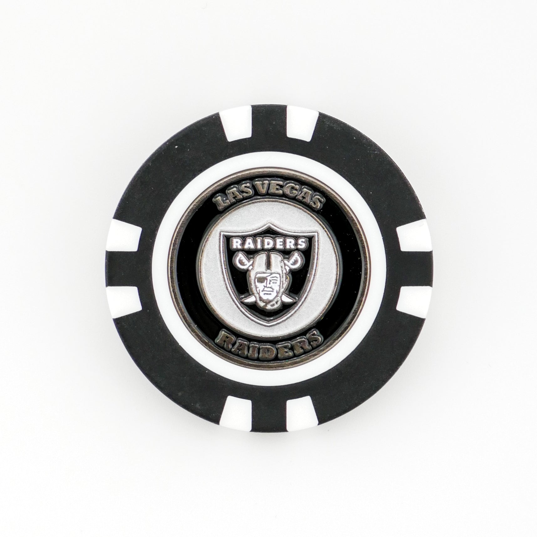 Show your NFL pride on the course with this black and white Las Vegas Raiders ball marker by Logie Joe’s, featuring the team’s shield emblem and logo—a perfect accessory for any fan.