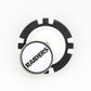 The Ballmarkers by Logie Joes Las Vegas Raiders golf ball marker is a black and white poker chip style with a round pin featuring RAIDERS in bold metallic letters on a white background.